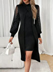 TUA MODA Kadın Uzun Kollu Yarı Balıkçı Yaka Tül Ve Inci Detaylı Kısa Ithal Krep Midi Elbise