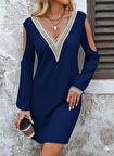 TUA MODA Kadın Uzun Kollu Omuzdan Açık V Dantel Yakalı Mini Waffle Elbise