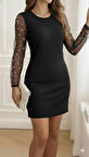 TUA MODA Kadın Bisiklet Yaka Kol Tül Detay Dalgıç Mini Boy Elbise