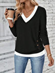 TUA MODA Kadın Uzun Kollu V Yakalı Yandan Düğmeli Yün Viskon Bluz