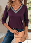 TUA MODA Kadın Uzun Kollu V Payet Yakalı Viskon Mürdüm Bluz