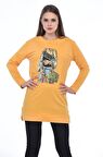 Bisiklet Yaka Uzun Kollu Kadın Baskılı Hardal Kadın Tunik