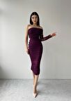 MOR RENKLİ TEK KOLU TÜL DRAPELİ ELBİSE -6682