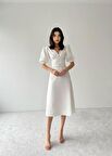 Beyaz Linda Önü Düğmeli Midi Elbise 
