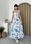 Kalın Askılı Şifon Mavi Çiçekli Elbise