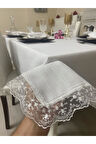 Keten Görünümlü Dantel Detaylı Simli Dertsiz Masa Örtüsü Beyaz + 12 Peçete