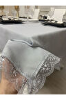 Keten Görünümlü Dantel Detaylı Simli Dertsiz Masa Örtüsü Gri 13 Parça