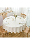 Saçak Püskül Detaylı Sıvı Geçirmez Yuvarlak Masa Örtüsü Krem