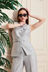 Kemer Detay Gofreli Yelek Takım Gri