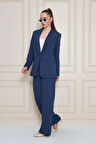 Şal Yaka Çizgili Krep Takım Lacivert