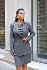 Çizgili Poliviskon Elbise-Ceket Takım Gri