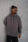 Erkek 3 İplik Pamuklu Kapüşonlu Kanguru Cepli Sweatshirt Hoodie - Gri