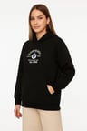 Kadın Kapüşonlu Kanguru Cepli Sweatshirt 3 İplik Pamuklu Baskılı Hoodie - Siyah
