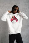 Erkek Kapüşonlu Cepli Boks Eldiven Baskılı 3 İplik Sweatshirt Hoodie - Beyaz
