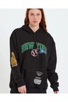 Kadın Oversize Kapüşonlu Cepli Ön Kol Baskılı 3 İplik Pamuklu Hoodie Sweatshirt - Siyah