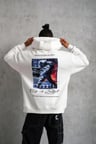 Erkek 3 İplik Pamuklu Kapüşonlu Baskılı Cepli Oversize Sweatshirt Hoodie - Beyaz