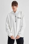 Kadın Oversize Kapüşonlu Cepli TUPAC Baskılı 3 İplik Pamuklu Hoodie Sweatshirt - Beyaz