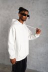 Erkek 3 İplik Pamuklu Kapüşonlu Cepli Düz Oversize Hoodie Sweatshirt - Beyaz
