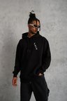 Erkek 3 İplik Pamuklu Kapüşonlu Baskılı Cepli Oversize Sweatshirt Hoodie - Siyah