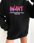 Kadın Oversize Kapüşonlu Cepli WANT Baskılı 3 İplik Pamuklu Hoodie Sweatshirt - Siyah