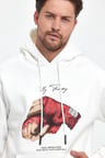 Erkek 3 İplik Pamuklu Kapüşonlu Cepli Box Eldiven Baskılı Hoodie Sweatshirt - Beyaz