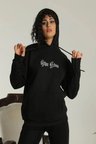 Kadın Oversize Kapüşonlu Cepli Baskılı 3 İplik Pamuklu Hoodie Sweatshirt - Siyah