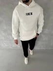 Erkek Kapüşonlu Kanguru Cepli Sweatshirt 3 İplik Pamuklu Baskılı Hoodie -  Beyaz