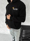 Erkek Kapüşonlu Kanguru Cepli Sweatshirt 3 İplik Pamuklu Baskılı Hoodie - Siyah