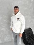Erkek Kapüşonlu Kanguru Cepli Sweatshirt 3 İplik Pamuklu Baskılı Hoodie - Beyaz