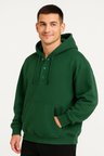 Erkek Kapüşonlu Hoodie Cepli Çıtçıtlı 3 İplik Pamuklu Sweatshirt - Haki