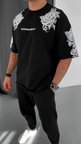 Erkek Kısa Kol Yazlık Tişört Bisiklet Yaka Baskılı Oversize T-Shirt - Siyah