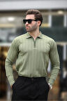 Erkek Slim Fit Polo Yaka Fermuarlı Fitilli Triko Kazak - 4001