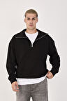 %100 Pamuk Erkek Oversize Yarım Fermuarlı Sweatshirt - Rahat Kalıp Kanguru Cep 