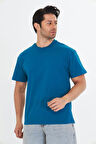 Erkek Pamuklu Bisiklet Yaka Oversize Tişört Mavi 5015-M