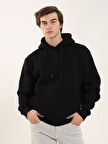 Dufy Siyah Erkek Oversize Düz Pamuklu Kapüşonlu Sweatshirt - 103732