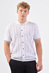 Beyaz Polo Düğmeli  Fitilli Kısa Kollu Slim Fit Erkek Triko
