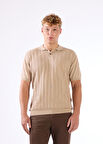 Bej Polo Düğmeli Kısa Kollu Düz Renk Fitilli Slim Fit Erkek Triko