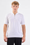 Beyaz Fermuarlı Polo Yaka Kısa Kollu Örgü Slim Fit Erkek Triko
