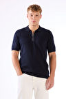 Lacivert Fermuarlı Polo Yaka Kısa Kollu Örgü Slim Fit Erkek Triko