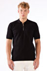 Siyah Fermuarlı Polo Yaka Kısa Kollu Örgü Slim Fit Erkek Triko