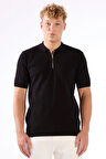 Siyah Fermuarlı Polo Yaka Kısa Kollu Örgü Slim Fit Erkek Triko