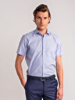 Dufy Mavi Erkek Regular Fit Armürlü Paul Yaka Kısa Kol Gömlek - 58534