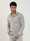 Dufy Haki Erkek Slim Fit Yaprak Desenli Brent Yaka Uzun Kol Gömlek - 81579