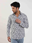 Dufy Lacivert Erkek Slim Fit Yaprak Desenli Brent Yaka Uzun Kol Gömlek - 81584