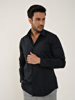 Dufy Siyah Erkek Slim Fit Düz Klasik Yaka Uzun Kol Gömlek - 88359