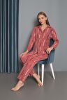 Yeni Sezon Sonbahar/Kış Kadın Welsoft Polar Düğmeli Çizgili Kalın Pijama Takımı 33001