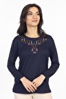 Yeni Model 2024 Nakış İşlemeli Yuvarlak Yaka Likralı Anne Penye Bluz 6450