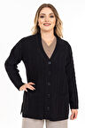 Kadın Orta Yaş ve Üzeri Yumuşak Doku V Yaka Düğmeli Anne Triko Hırka 2426-Siyah