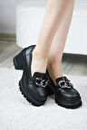 Kadın Kalın  Toka 8 cm  Platformlu Loafer Ayakkabı  siyah cilt