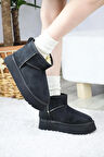 Kadın Pavro Süet İçi Kürklü  Kalın Taban ( 4.5 cm ) Mini Kısa Bot  siyah